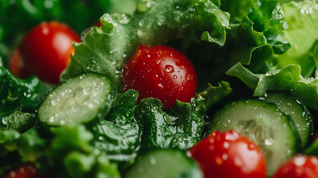 Fresh salad with cherry tomatoes, cucumbers and lettuce leaves closeupの素材
