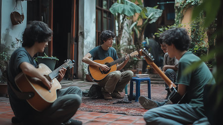 Group of young asian men playing guitar and singing in the garden.の素材