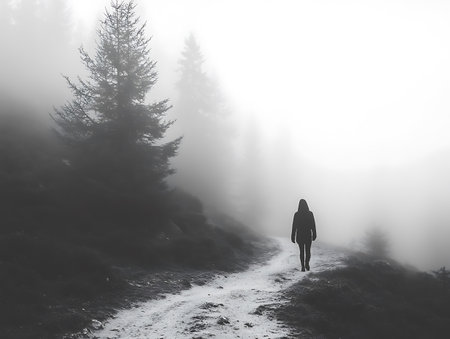 Silhouette of a man walking on a path in the fogの素材