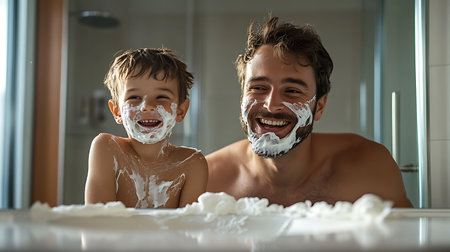 happy father and son with shaving foam on face having fun in bathroomの素材