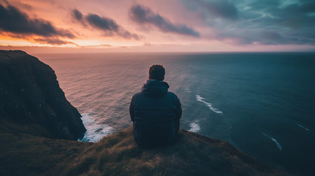 Man sitting on the edge of cliff and looking at the sea at sunsetの素材