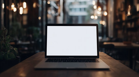 Mockup image of laptop with blank white screen on wooden table in cafeの素材