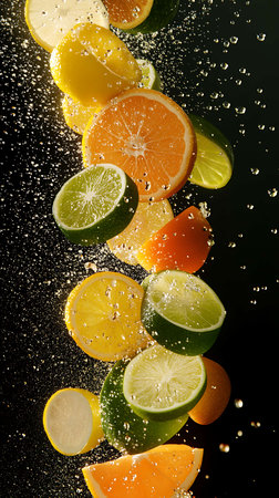 slices of lemon, lime and orange in water on black backgroundの素材