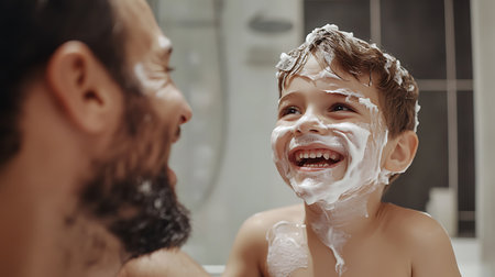 Cheerful father and son are shaving in the bathroom together.の素材