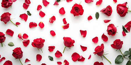 Red rose flowers and petals on white background. Flat lay, top viewの素材