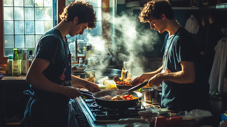 Two young men cooking in the kitchen at home. The concept of a healthy lifestyle.の素材