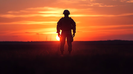 Silhouette of a soldier in the field at sunset. Military conceptの素材