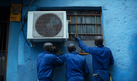 Workers repairing an air conditioner on the wall of a buildingの素材