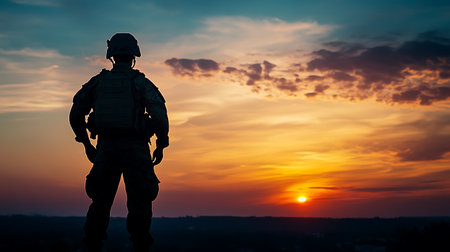 Silhouette of a soldier in a military uniform on the background of the sunset.の素材