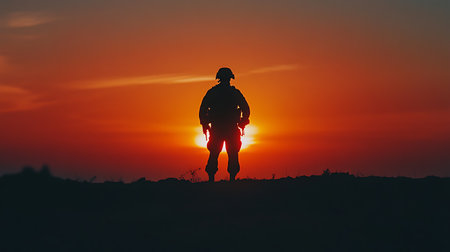 Silhouette of a military soldier at sunset. Military concept.の素材