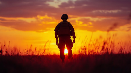 Silhouette of a soldier walking in the field at sunset.の素材