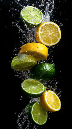 Limes and lemons in water with splash on black background.の素材