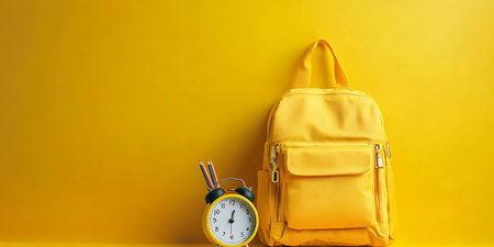 Yellow backpack and alarm clock on a yellow background. Back to school concept.の素材