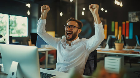 Cheerful young businessman sitting at his desk in office and celebrating successの素材