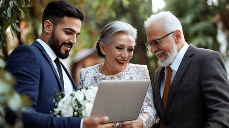 Wedding couple using laptop computer. Happy married couple using laptop computer.の素材