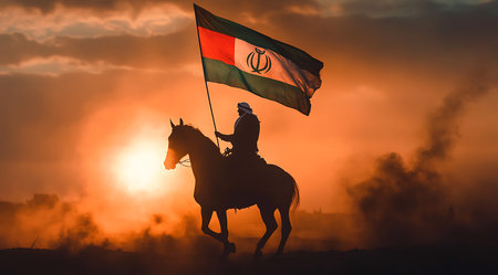 Silhouette of a man riding a horse with a flag of Iran.の素材