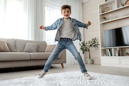 Cheerful little boy jumping on the carpet in the living roomの素材