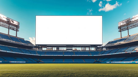 Blank billboard on football stadium with blue sky background. 3d rendering.の素材