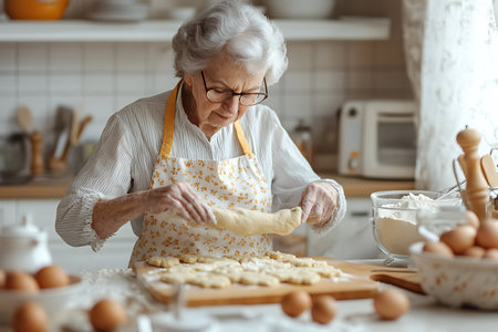 Elderly woman kneading dough in the kitchen at homeの素材