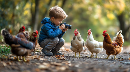 Cute little boy taking photo of hens and rooster in the autumn forestの素材