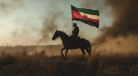 Silhouette of a man riding a horse with the flag of Iran.の素材
