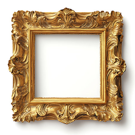 Golden picture frame isolated on white background. 3d rendering illustration.の素材