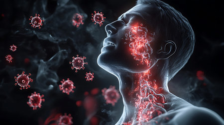 Digital illustration of a female head with highlighted virus cells. 3D renderingの素材