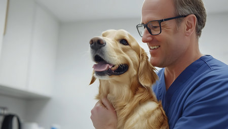 Veterinarian and golden retriever in vet clinic. Veterinarian with dogの素材