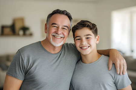 Portrait of a smiling grandfather and grandson looking at camera at homeの素材