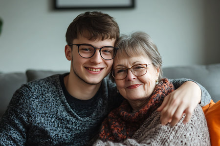 Portrait of an elderly woman and her adult son spending time together at homeの素材