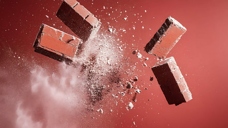Broken red brick on a red background. 3d rendering.の素材