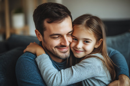 Cute little girl and her handsome dad are hugging and smiling while sitting on sofa at homeの素材