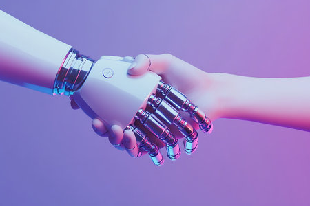 3d rendering humanoid robot hand touching human hand with finger on purple backgroundの素材