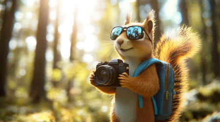 Squirrel in sunglasses with a camera in his hand in the forestの素材