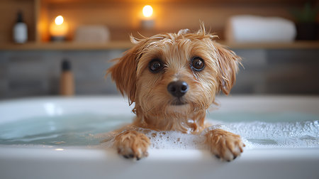 Cute dog taking bath in bathtub at home, closeupの素材