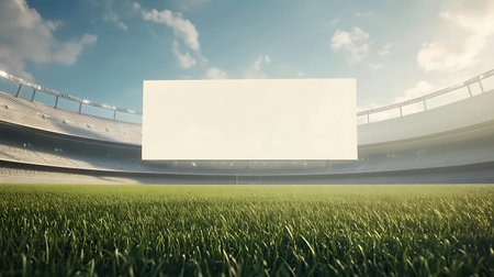3d render of a football stadium with a blank white billboard for advertisementの素材
