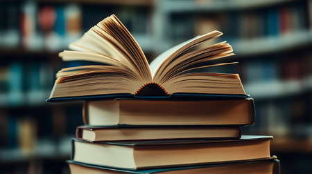 Open book on a bookshelf in the library. Education conceptの素材