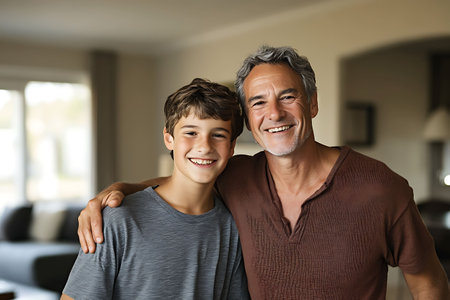 Portrait of father and son smiling at camera in living room at homeの素材
