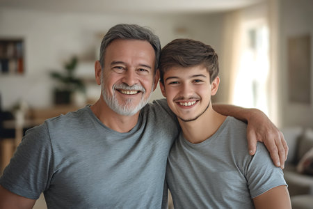 Portrait of smiling father and son at home. Fatherhood conceptの素材