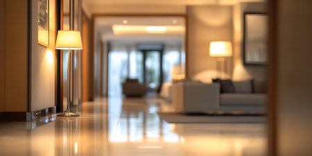 Interior of a hotel lobby, blurred background. 3d renderingの素材