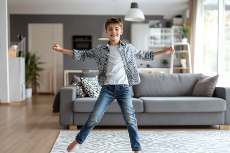 Cheerful little boy jumping in the living room at home.の素材