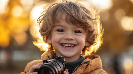 Portrait of a smiling little boy with a camera in his handsの素材