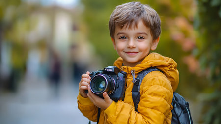 Cute little boy with a camera on a background of autumn parkの素材
