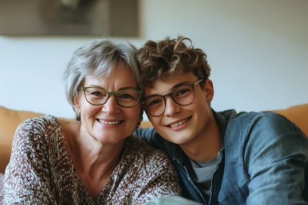 Portrait of smiling senior woman and her son sitting on sofa at homeの素材