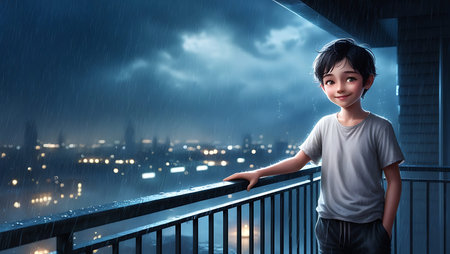 Little boy standing on balcony and looking at night city panoramic viewの素材