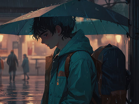 Young man in raincoat with umbrella on the street at night.の素材