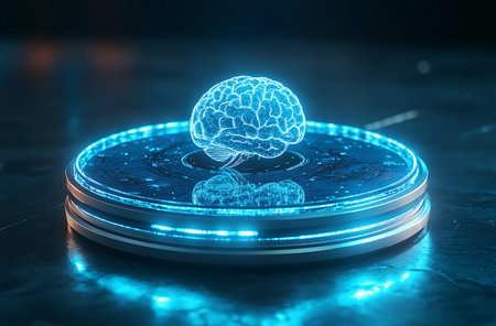 Neon human brain on a dark background. 3D rendering.の素材