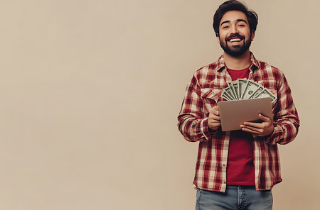 Cheerful young bearded man in checkered shirt is holding a lot of money and smiling while standing against beige backgroundの素材