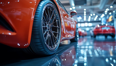 Close up shot of the wheel of a sports car. 3d renderingの素材