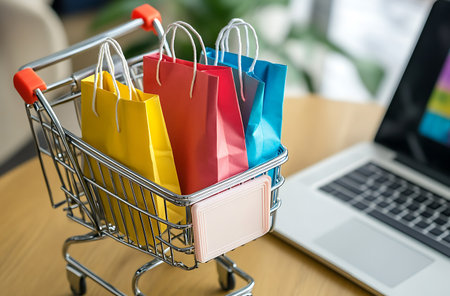 Shopping cart with colorful paper bags on the table in front of laptopの素材